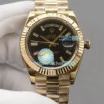 Replica Rolex Day-Date Yellow Gold Strap Black Face Fluted  Bezel Watch 41mm